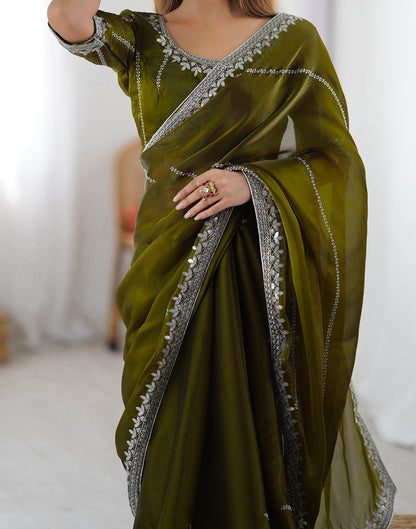 Olive Green Tissue Silk Sequence Embroidery Saree