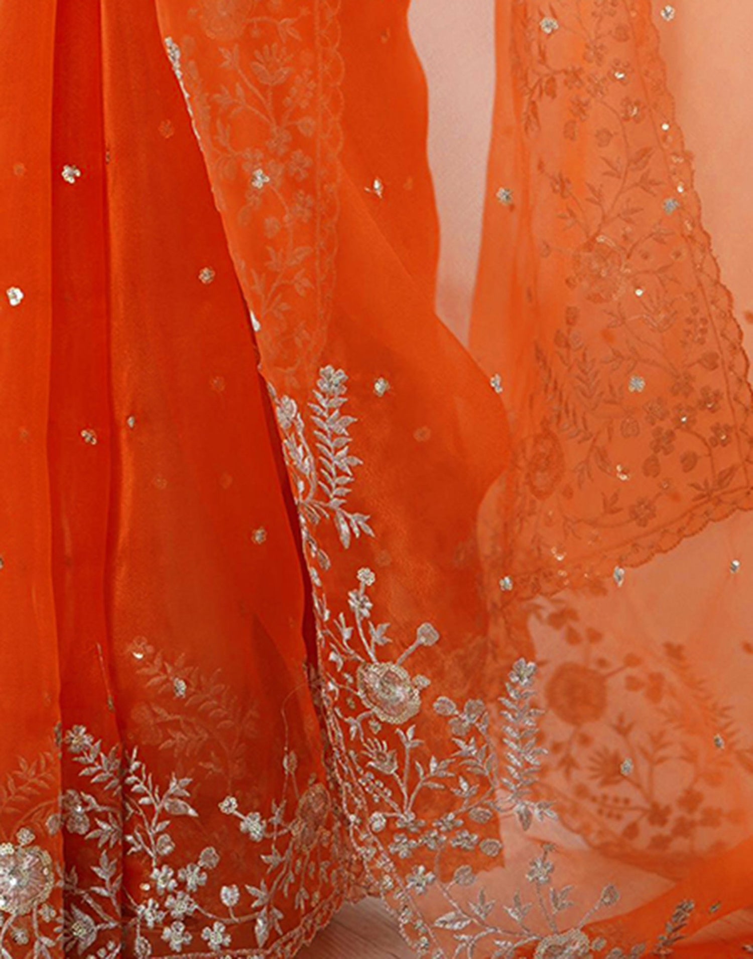 Orange Organza Sequence Embroidery Saree