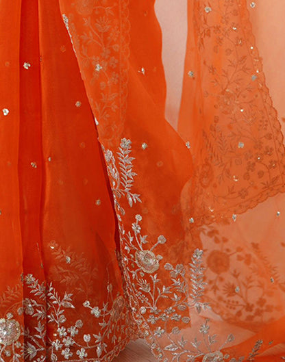 Orange Organza Sequence Embroidery Saree