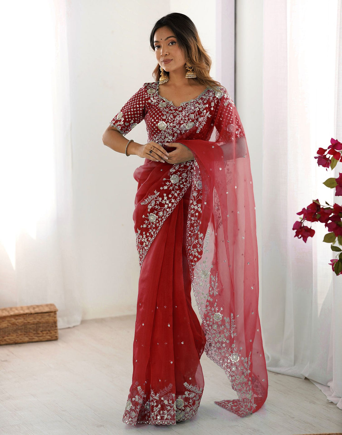 Red Organza Embroidery Lace Saree
