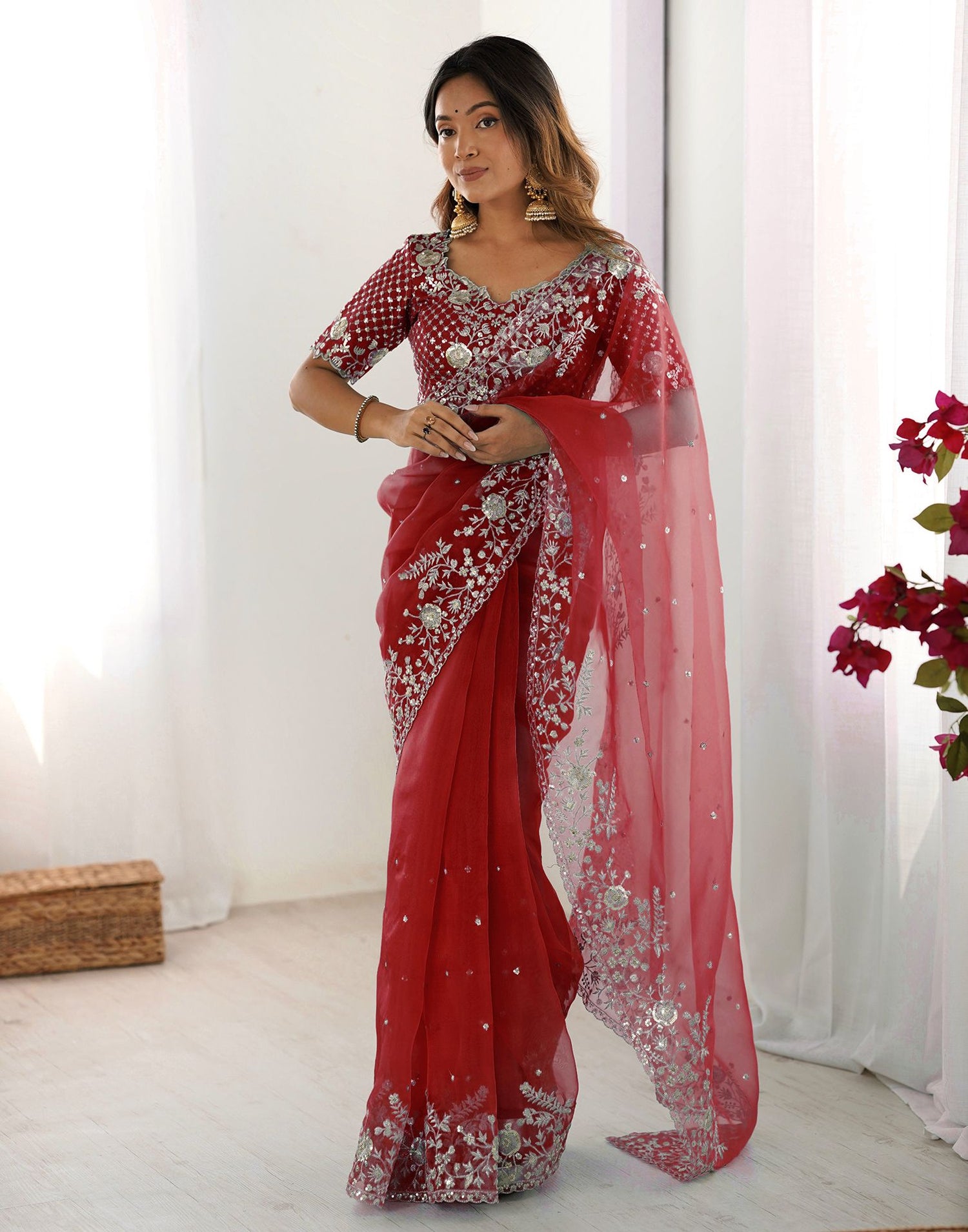Red Organza Embroidery Lace Saree