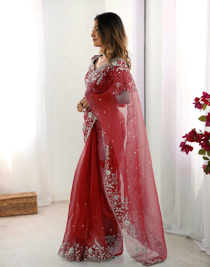 Red Organza Embroidery Lace Saree