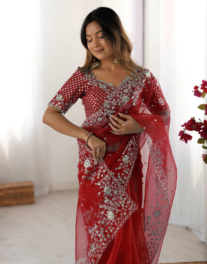 Red Organza Embroidery Lace Saree