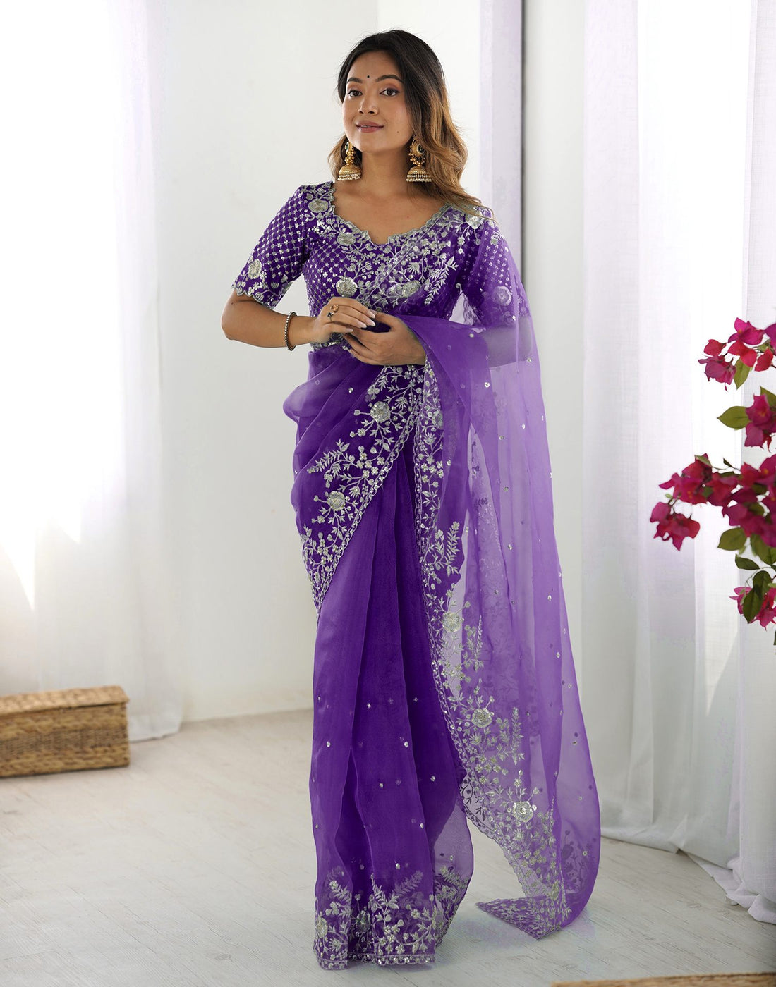 Purple Organza Embroidery Lace Saree