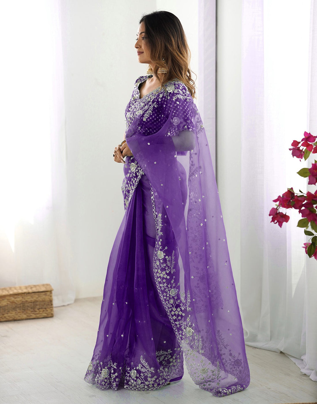 Purple Organza Embroidery Lace Saree