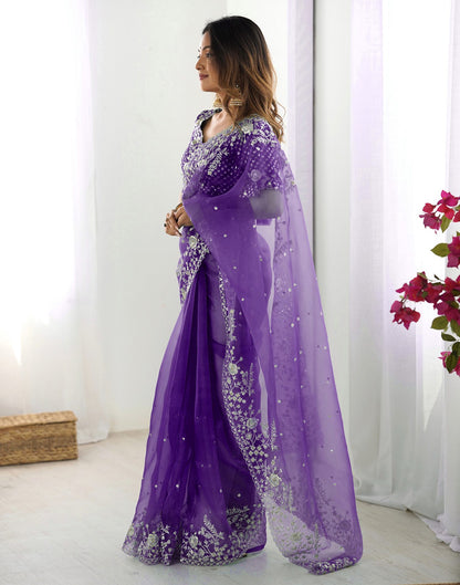 Purple Organza Embroidery Lace Saree