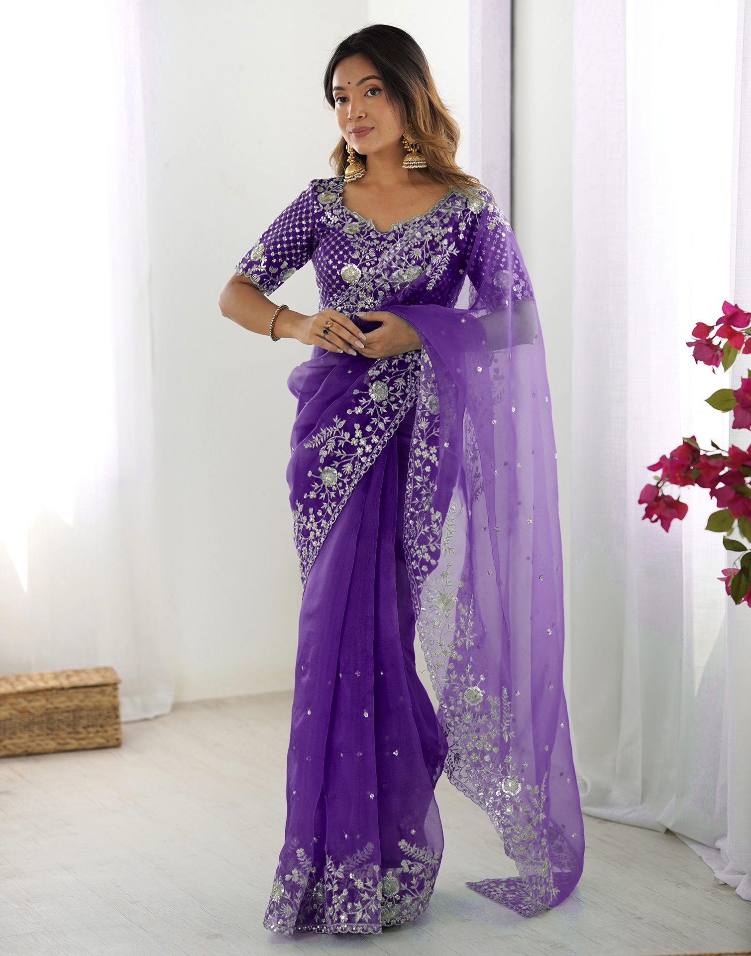 Purple Organza Embroidery Lace Saree