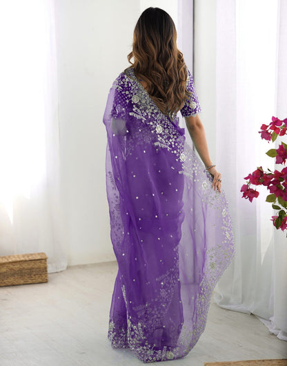Purple Organza Embroidery Lace Saree