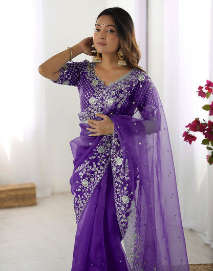 Purple Organza Embroidery Lace Saree
