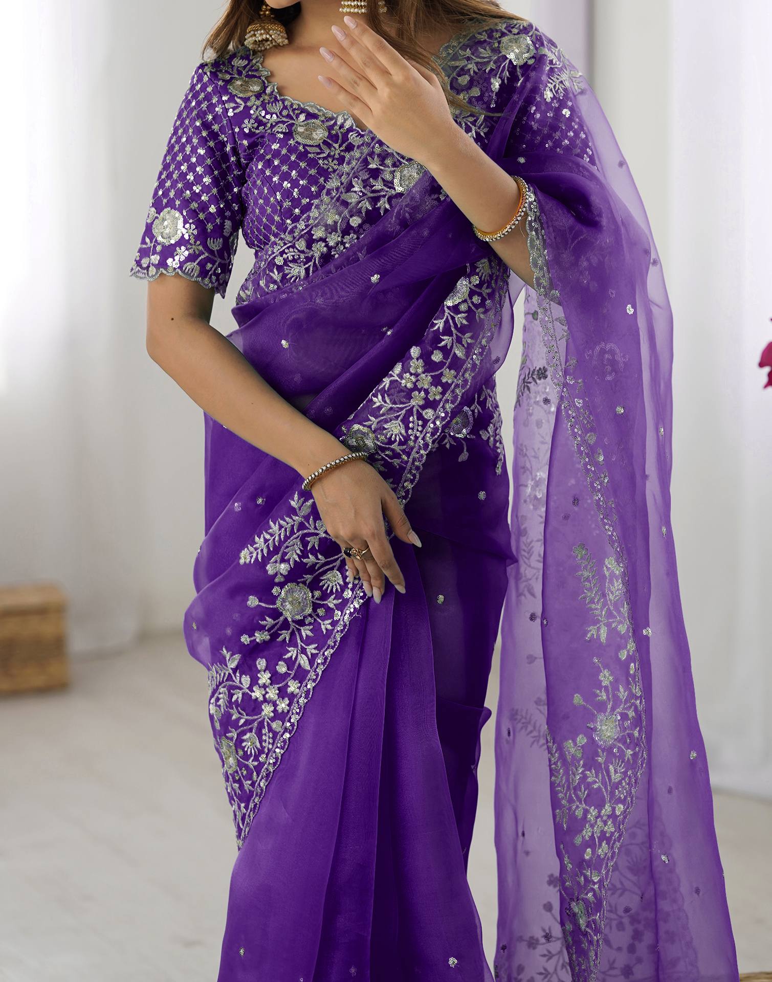 Purple Organza Embroidery Lace Saree