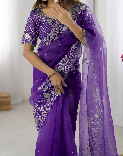 Purple Organza Embroidery Lace Saree