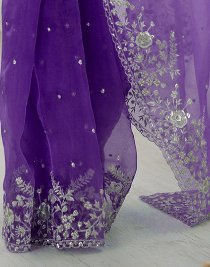 Purple Organza Embroidery Lace Saree