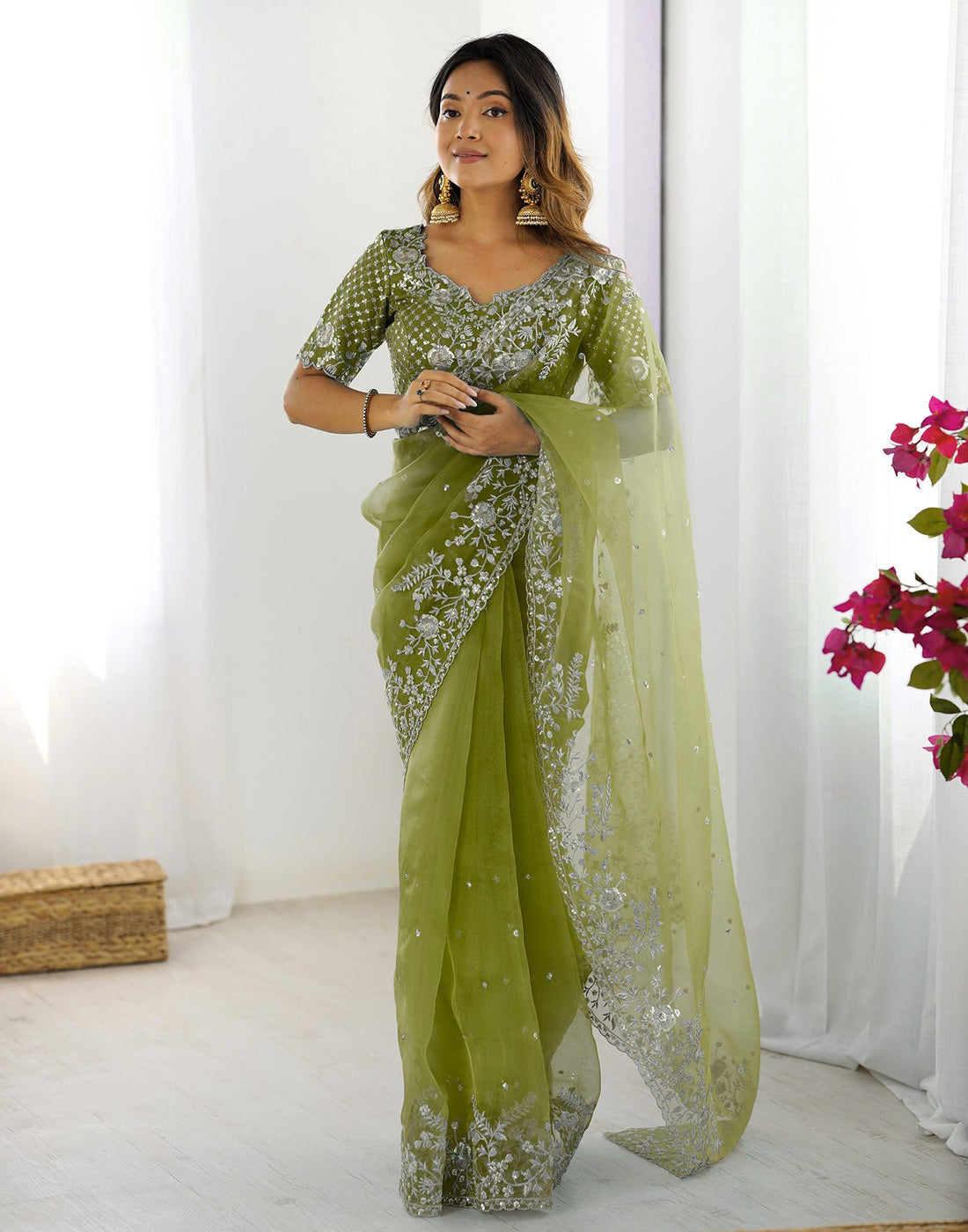 Green Organza Embroidery Lace Saree