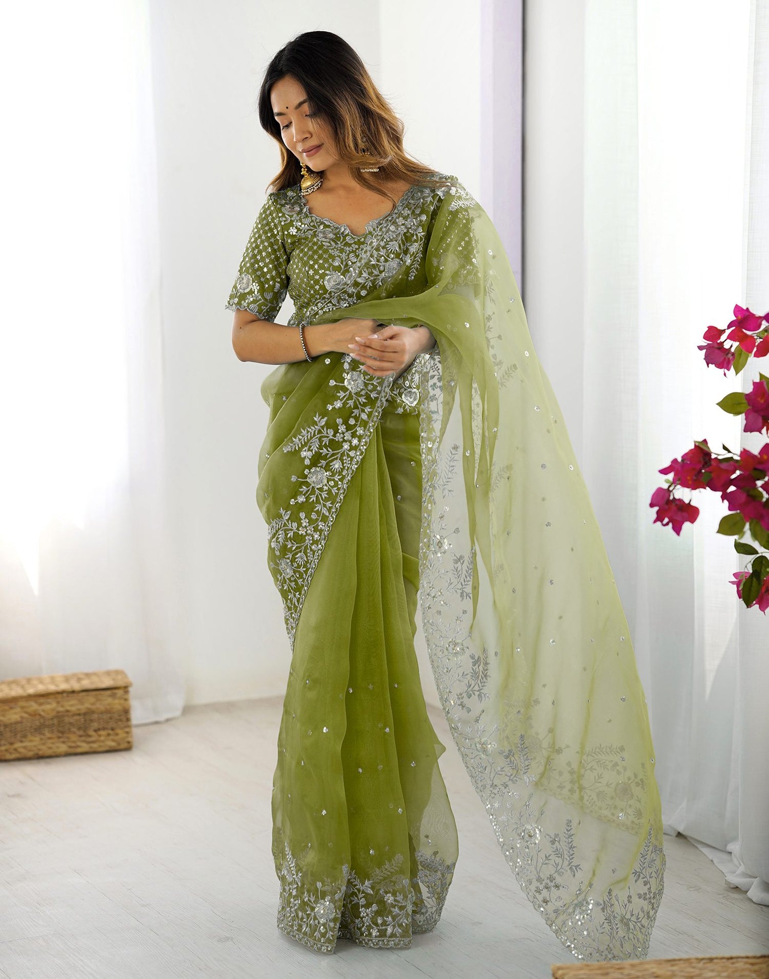Green Organza Embroidery Lace Saree