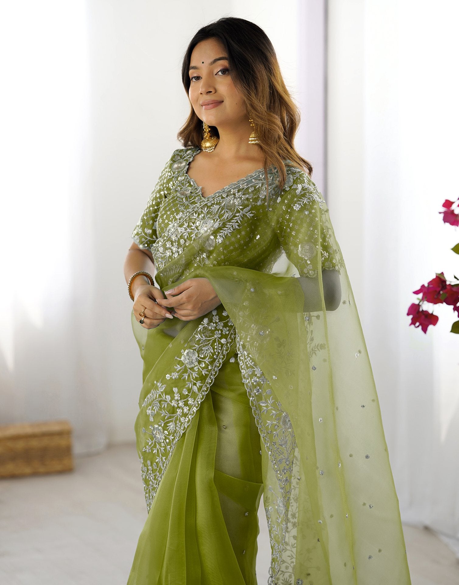 Green Organza Embroidery Lace Saree