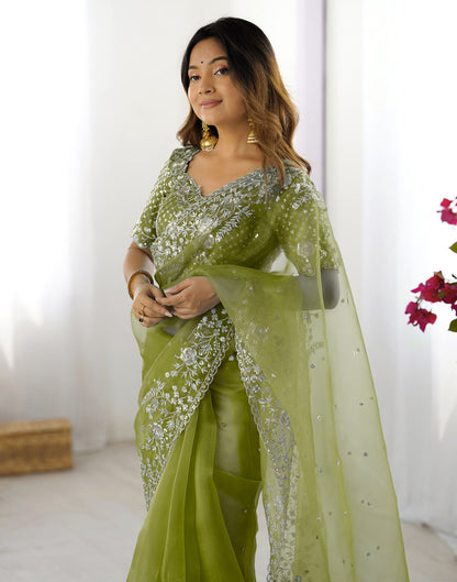 Green Organza Embroidery Lace Saree