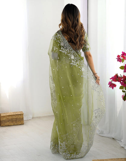 Green Organza Embroidery Lace Saree