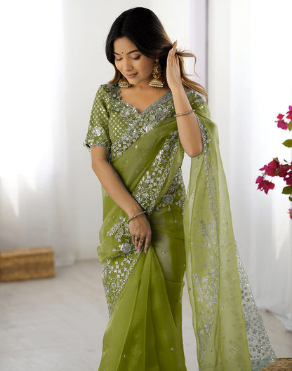 Green Organza Embroidery Lace Saree