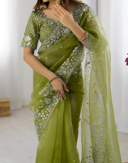 Green Organza Embroidery Lace Saree