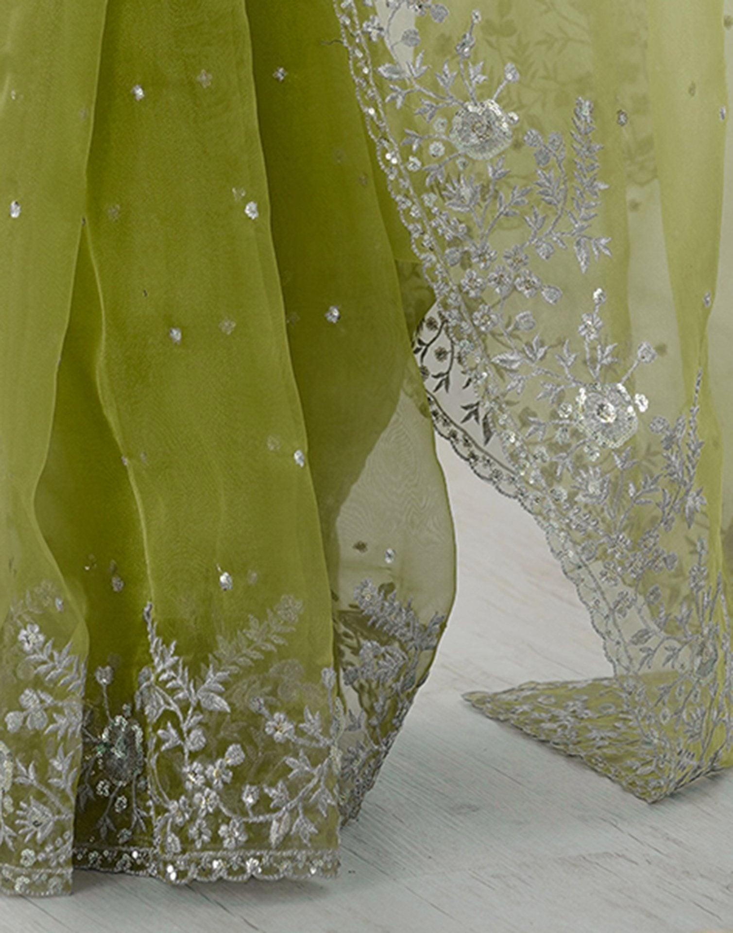Green Organza Embroidery Lace Saree