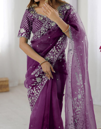 Wine Organza Embroidery Lace Saree