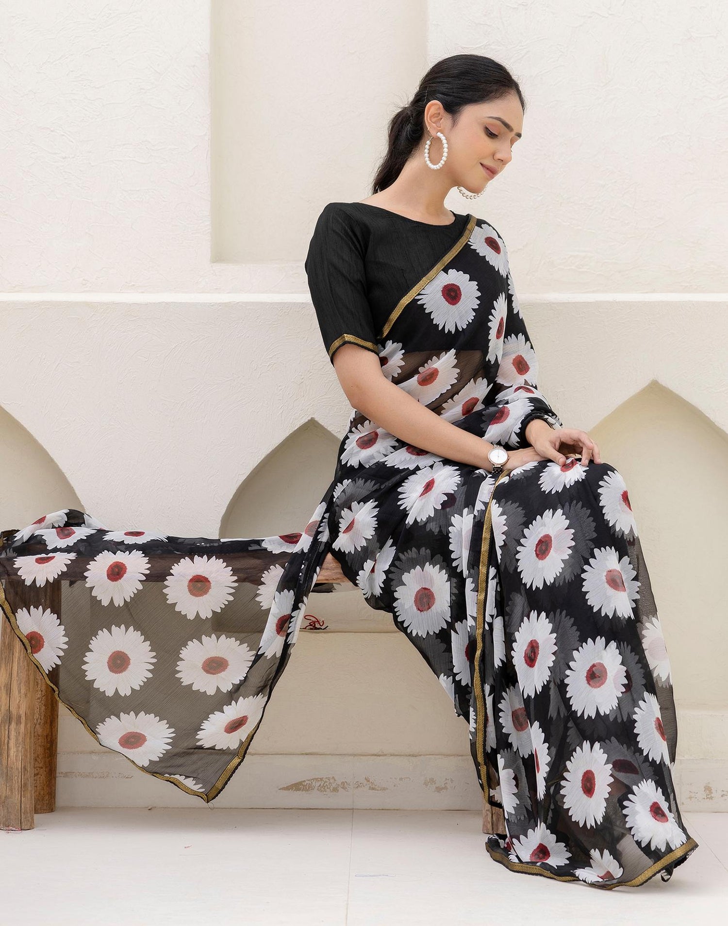 Black Chiffon Floral Printed Saree