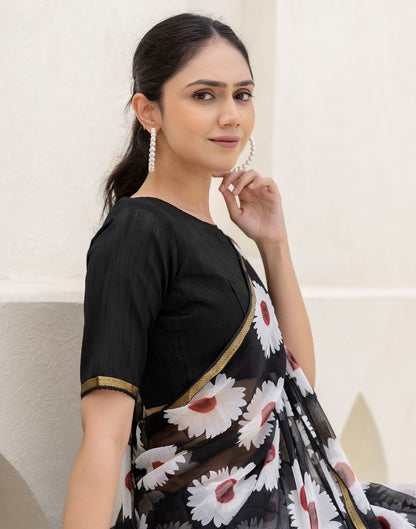 Black Chiffon Floral Printed Saree