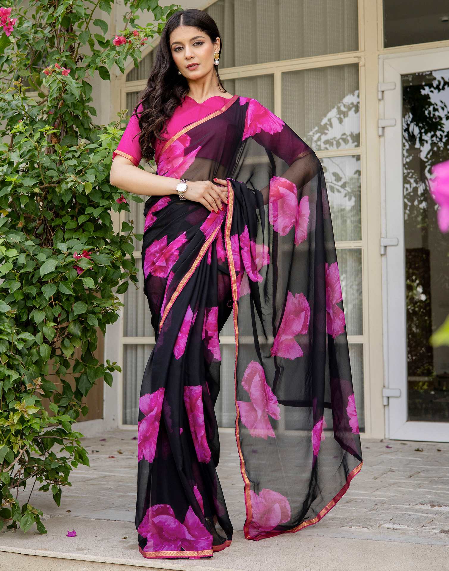Black Chiffon Floral Printed Saree