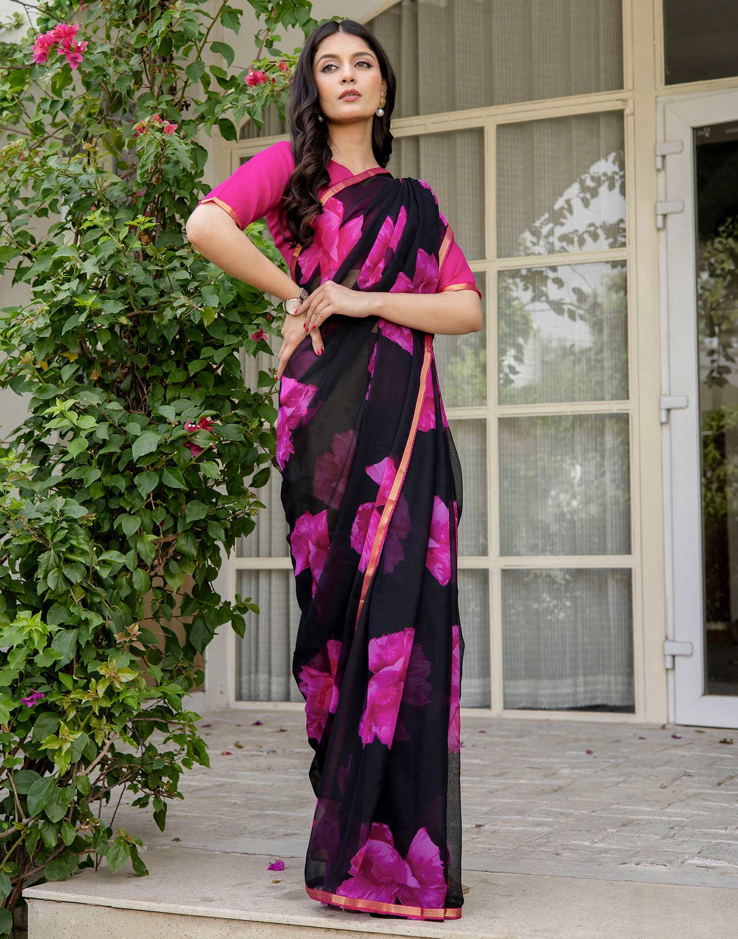Black Chiffon Floral Printed Saree