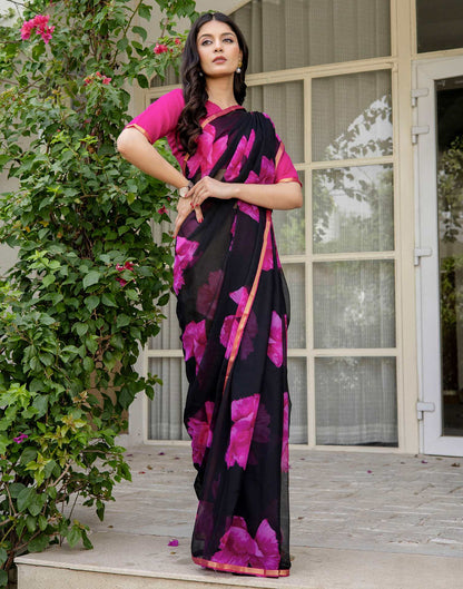 Black Chiffon Floral Printed Saree