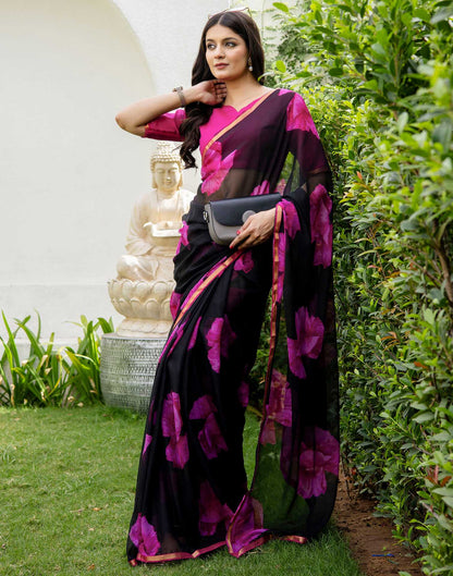 Black Chiffon Floral Printed Saree