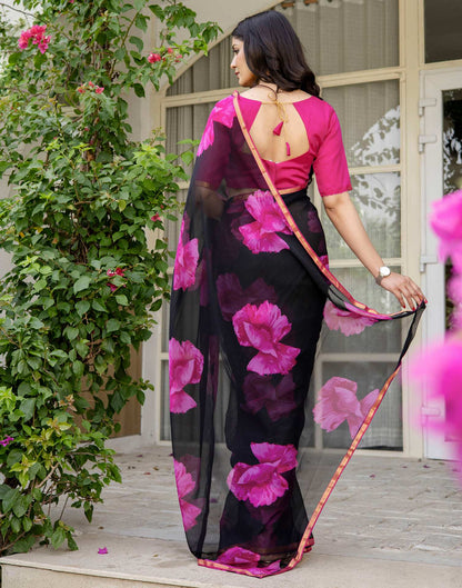 Black Chiffon Floral Printed Saree