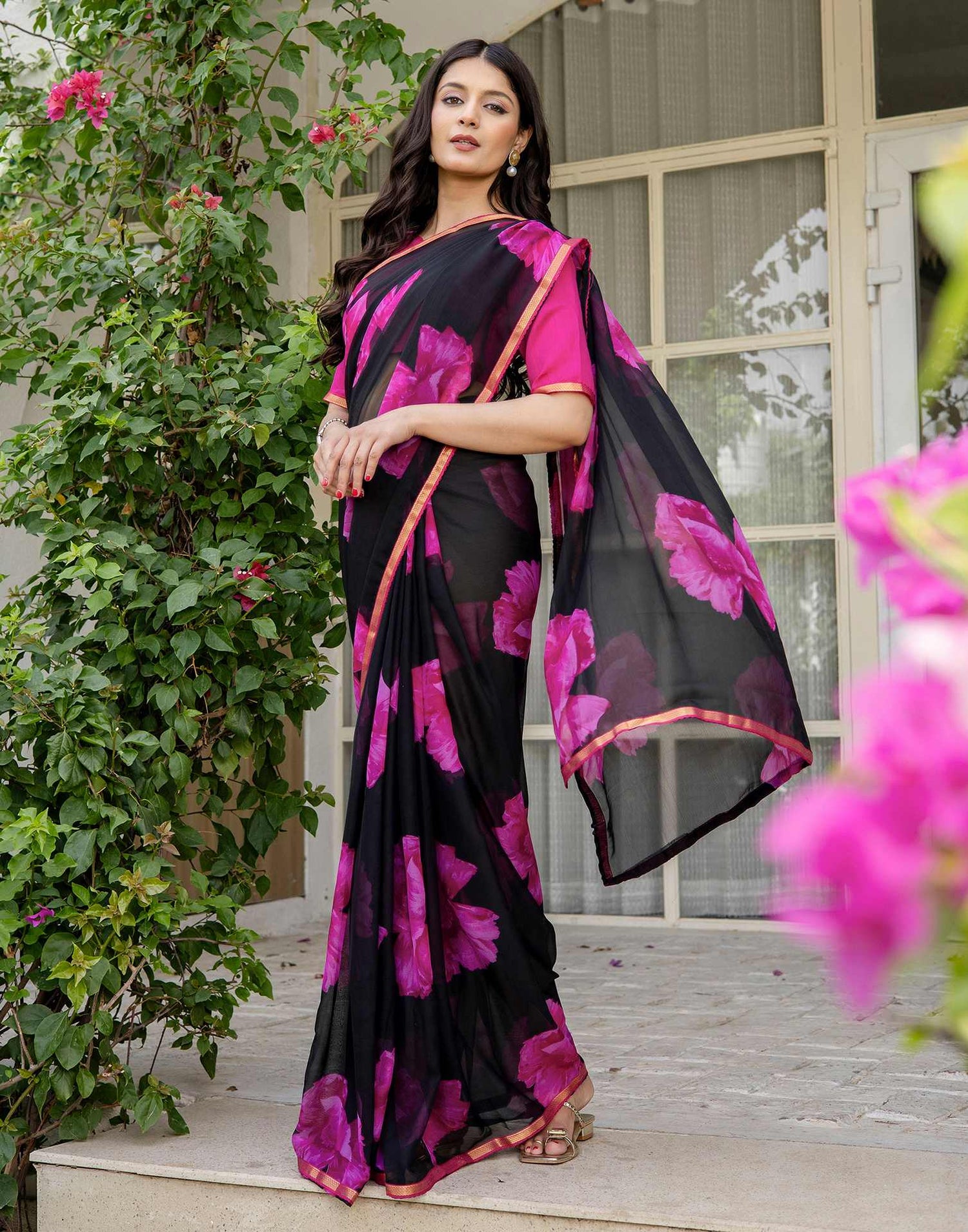 Black Chiffon Floral Printed Saree