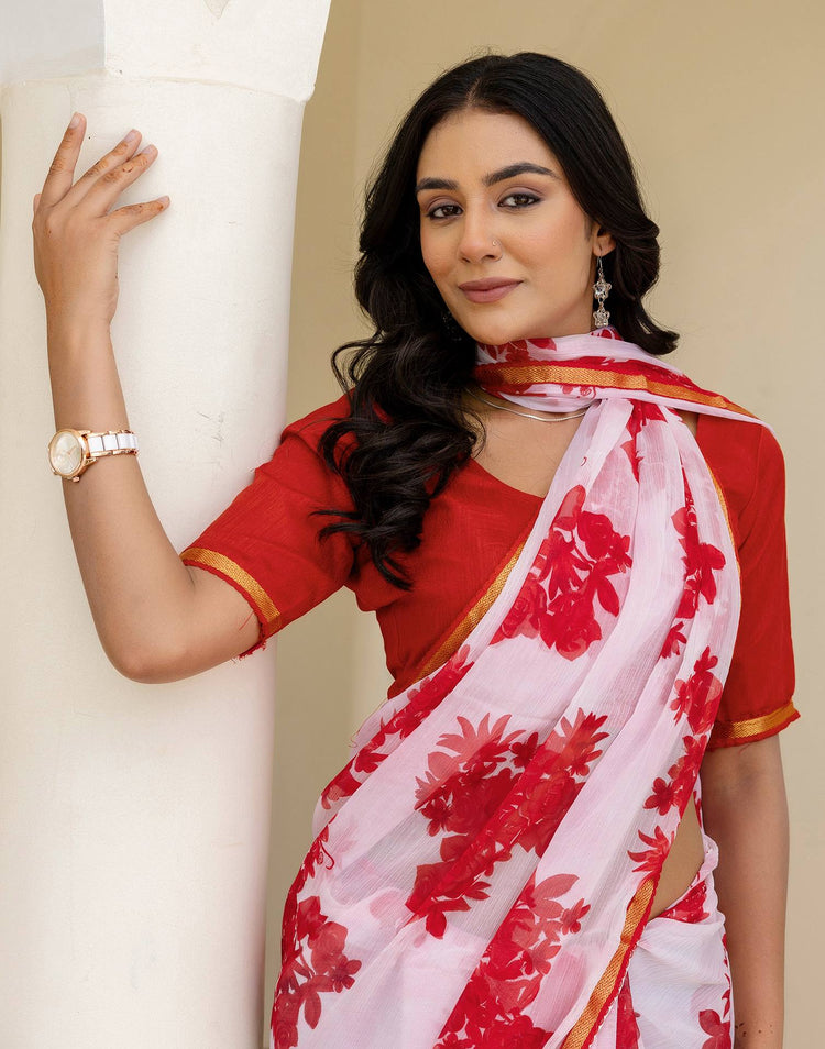 White Chiffon Floral Printed Saree
