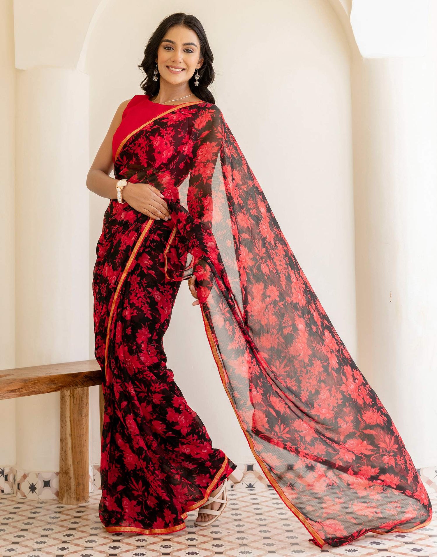 Black Chiffon Floral Printed Saree