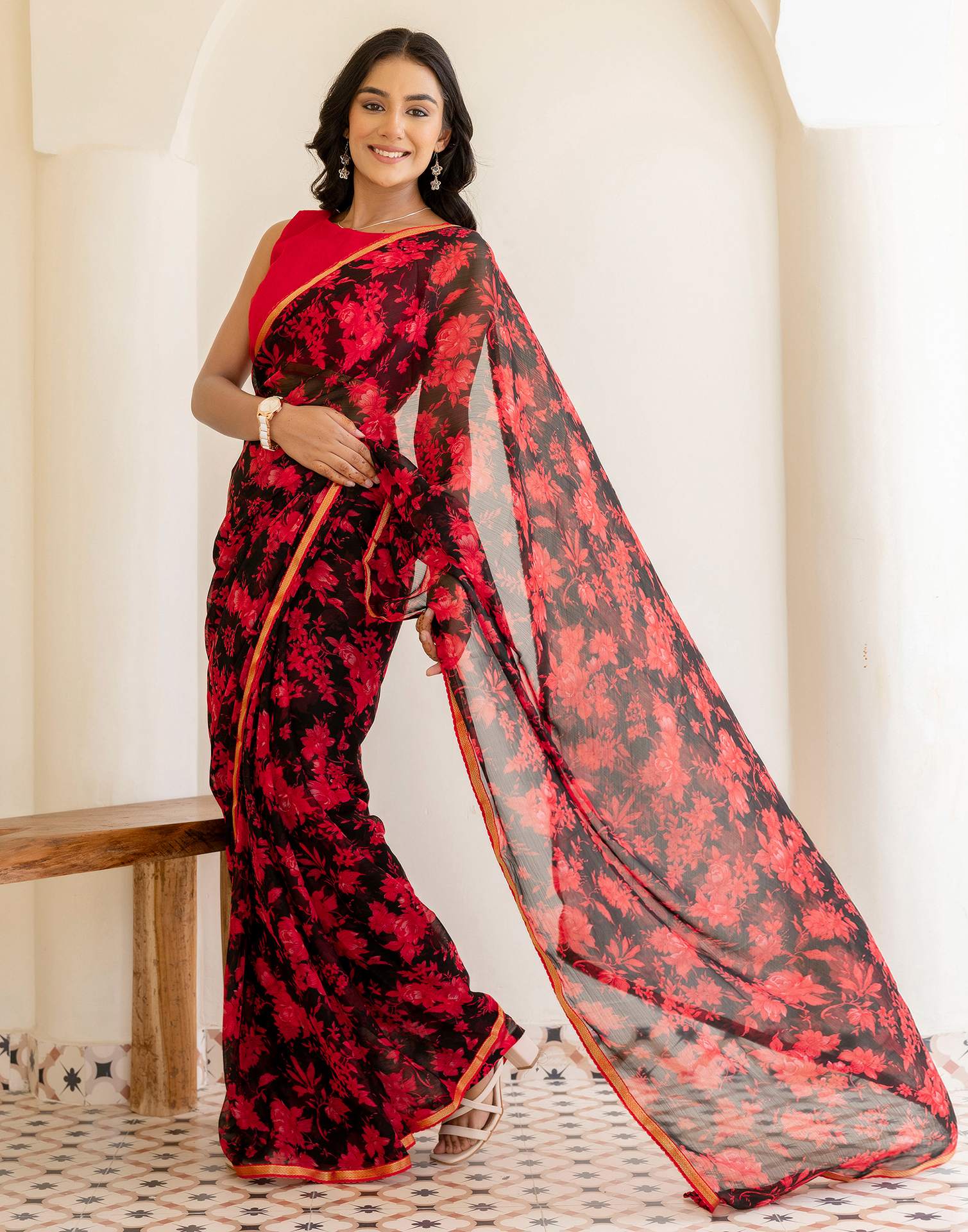 Black Chiffon Floral Printed Saree