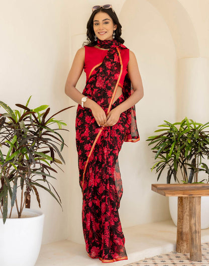 Black Chiffon Floral Printed Saree