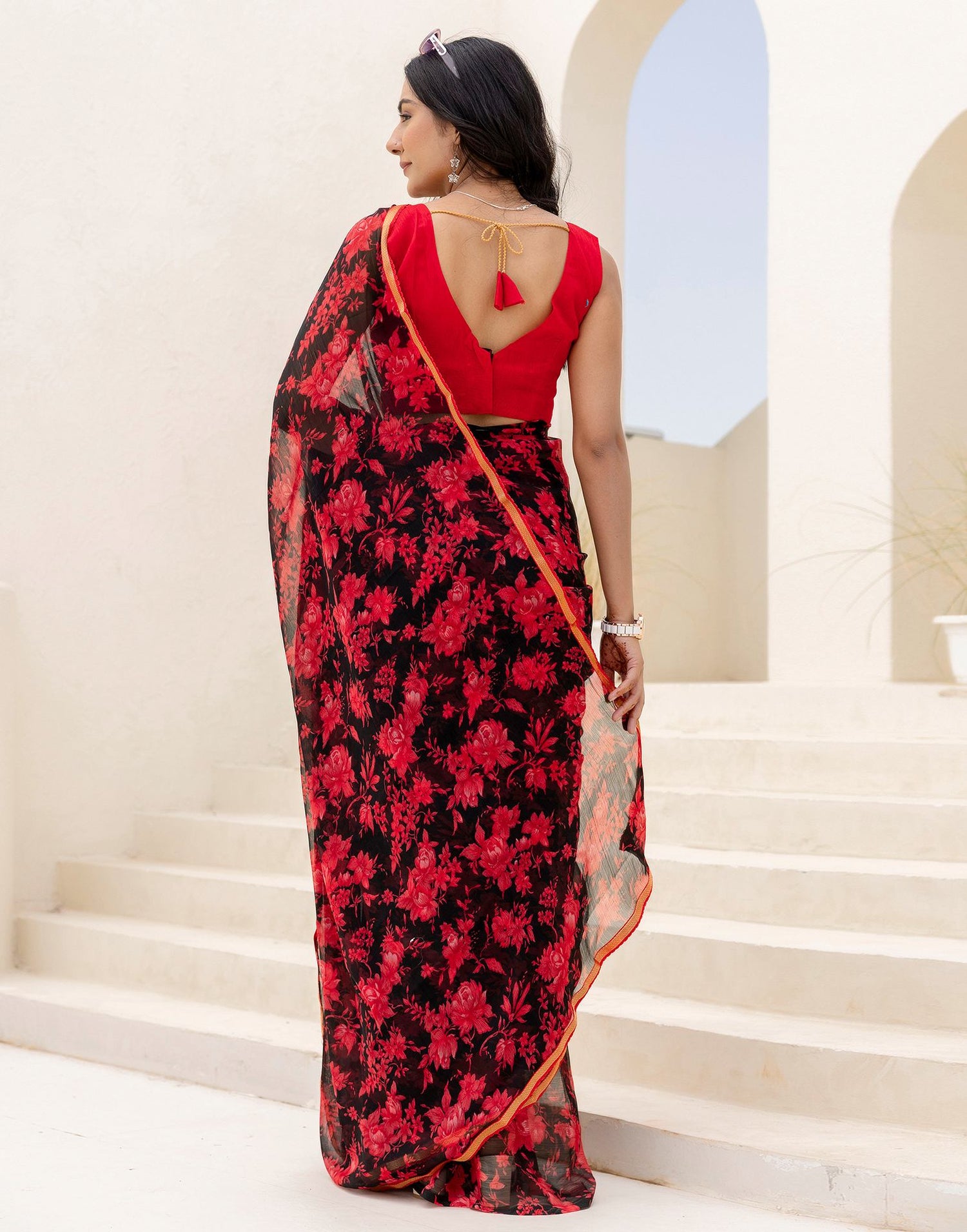 Black Chiffon Floral Printed Saree