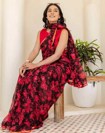 Black Chiffon Floral Printed Saree