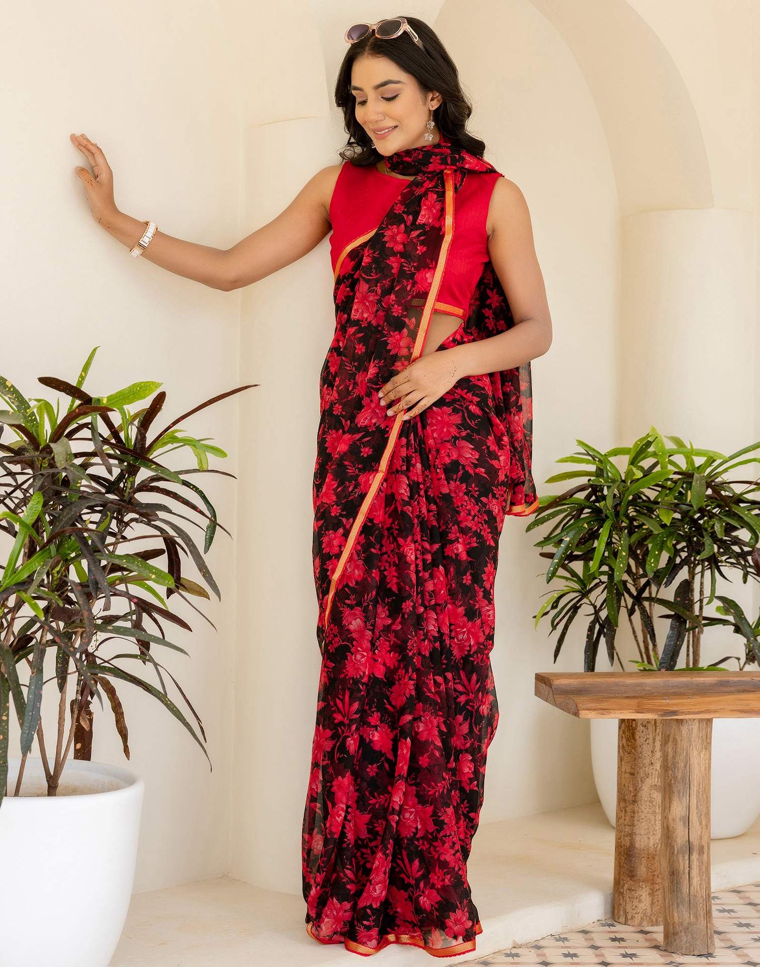Black Chiffon Floral Printed Saree