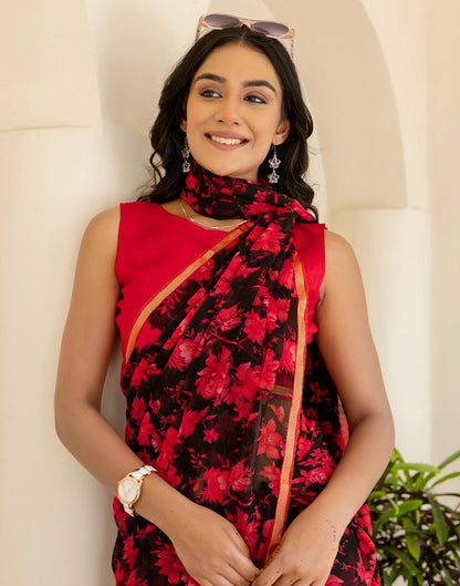 Black Chiffon Floral Printed Saree