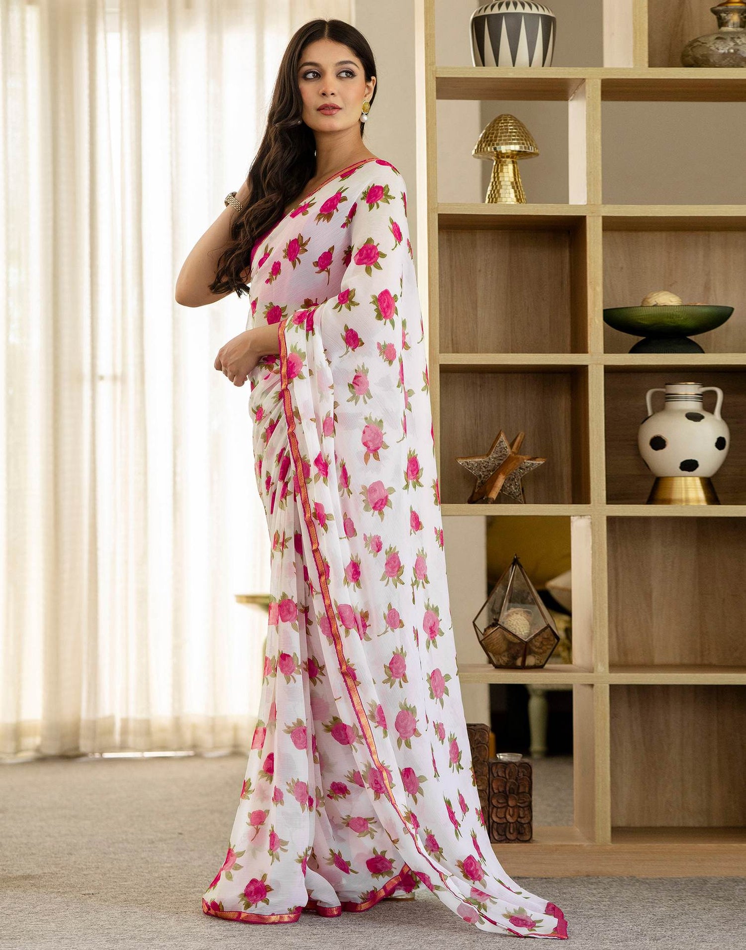 White Chiffon Floral Printed Saree