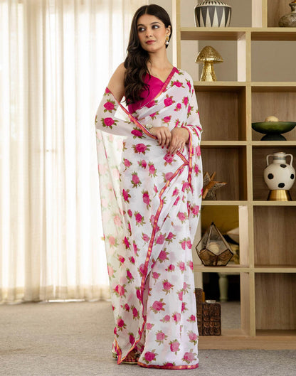 White Chiffon Floral Printed Saree
