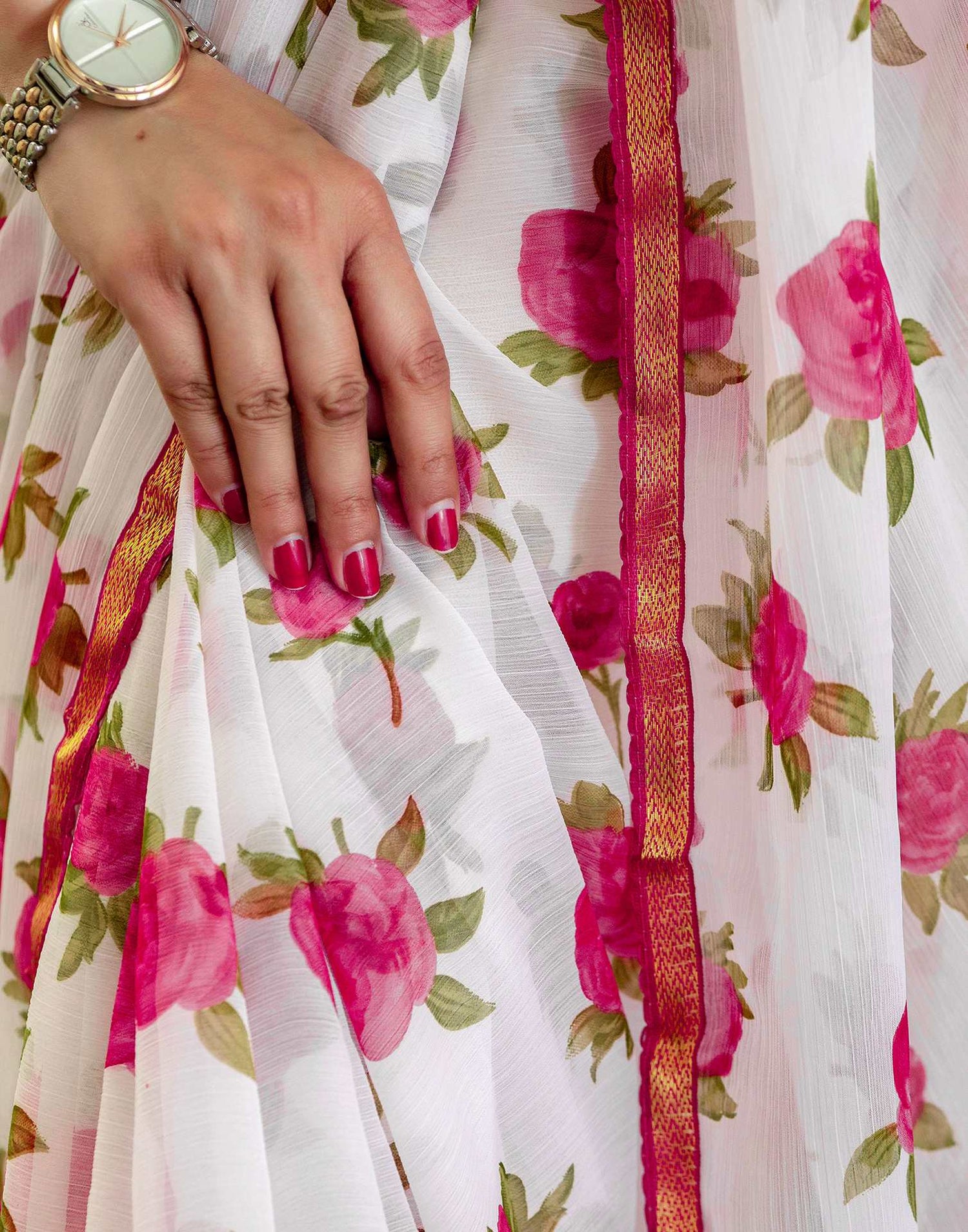 White Chiffon Floral Printed Saree