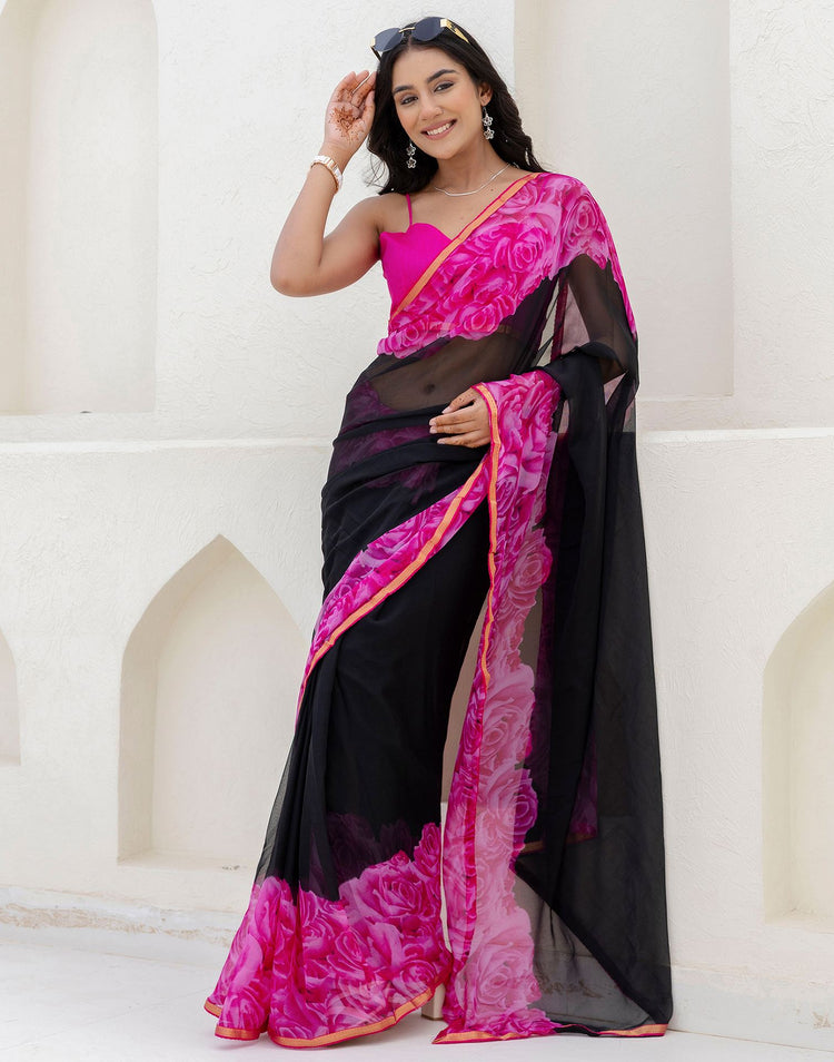 Black Chiffon Floral Printed Saree
