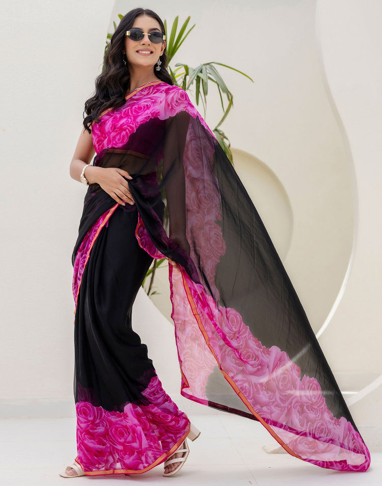 Black Chiffon Floral Printed Saree