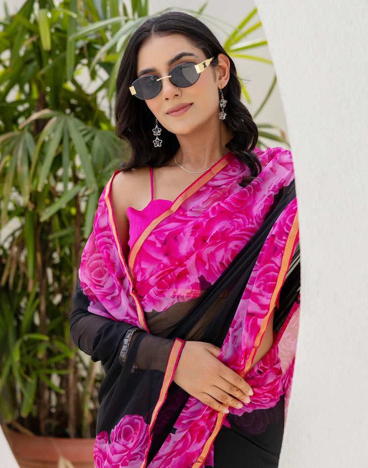 Black Chiffon Floral Printed Saree