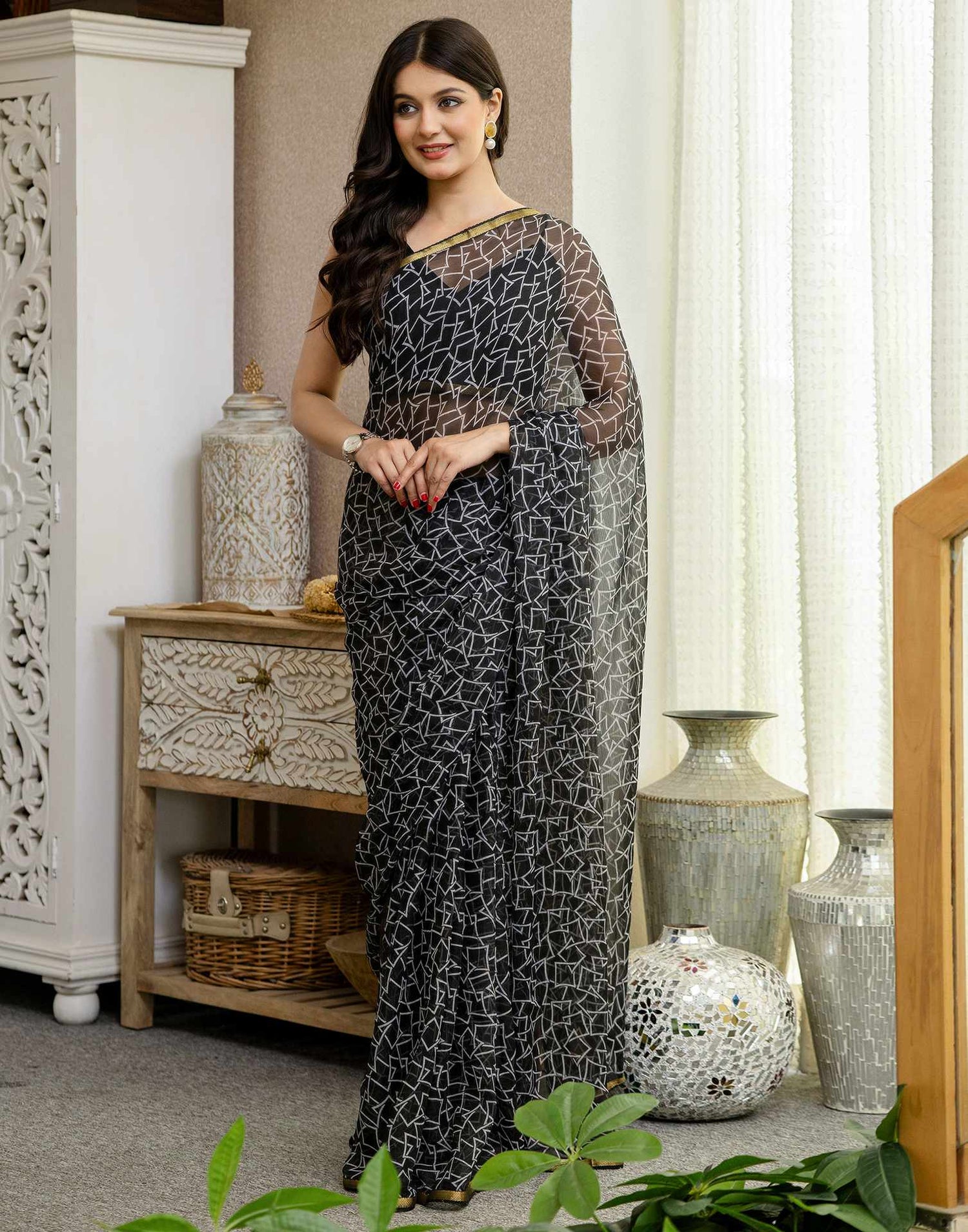 Black Chiffon Printed Saree