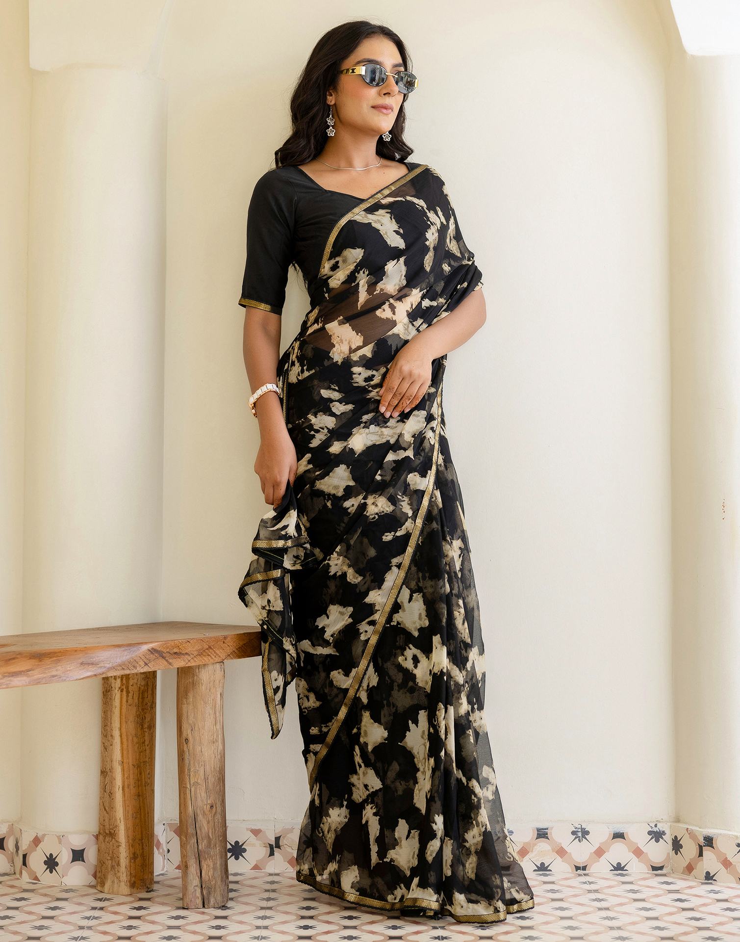 Black Chiffon Printed Saree