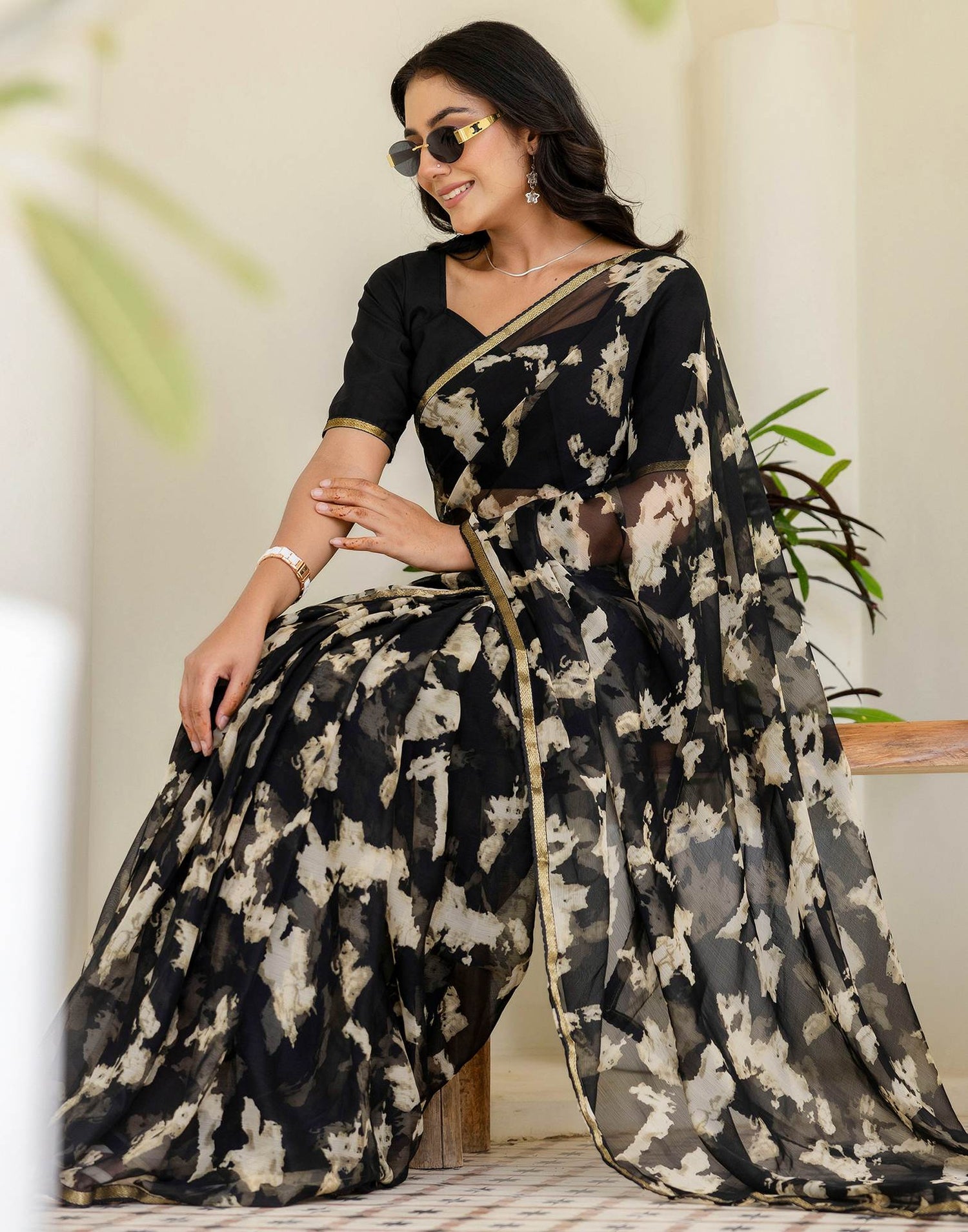 Black Chiffon Printed Saree